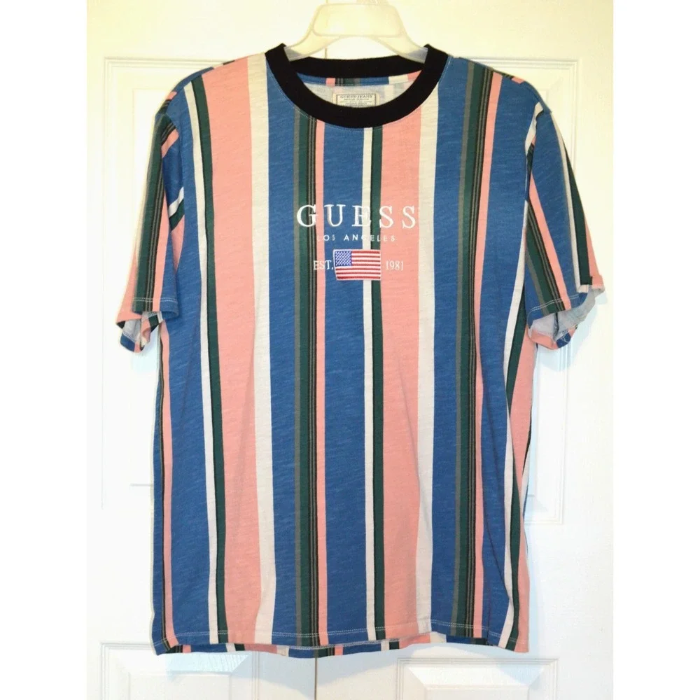 Guess LA Striped‎ T-Shirt Short Sleeve Embroidered Logo &  American Flag Men's L - Picture 3 of 13